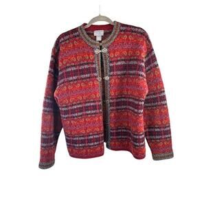 Vintage Carroll Reed Fair Isle Sweater Womens Medium Red 100% Wool Cardigan HK